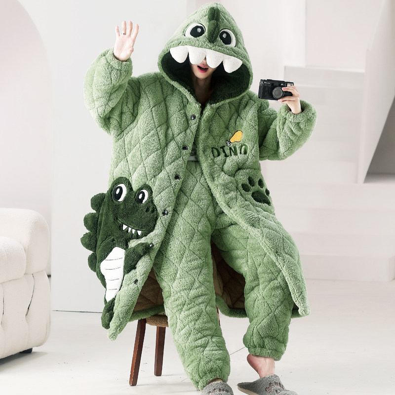 睡衣男款秋冬季珊瑚绒三层夹棉加厚加绒睡袍青少T年大童家居服套