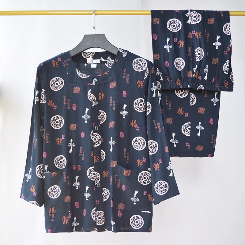 夏中老年棉绸男士开衫爷爷居家服套装夏中长袖老人睡衣.休闲爸爸