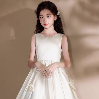 女童主持人c礼服花童高级白色缎面钢琴演奏小女孩生日party公主裙