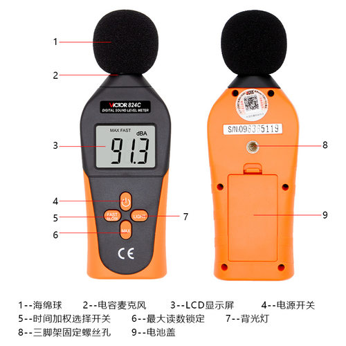 胜利VC824/824C噪音计 高精度手持式噪声检测分贝仪噪声检测仪