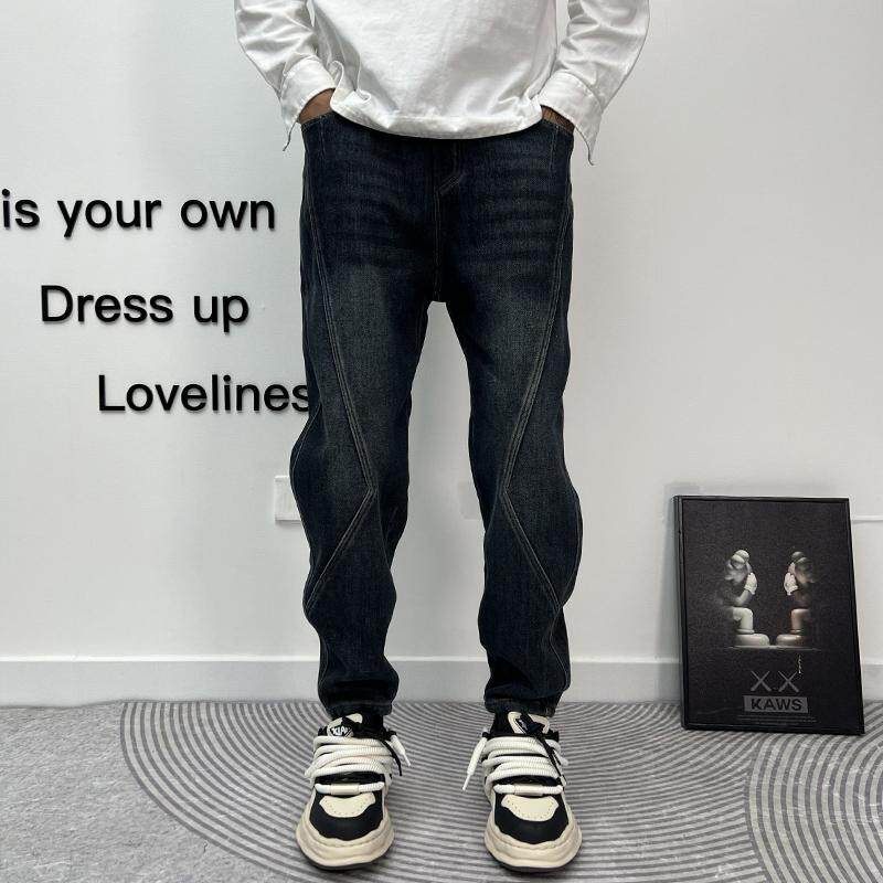 冬季加绒牛仔裤男修身直筒哈伦休闲长裤潮牌痞帅青年松紧腰小脚裤