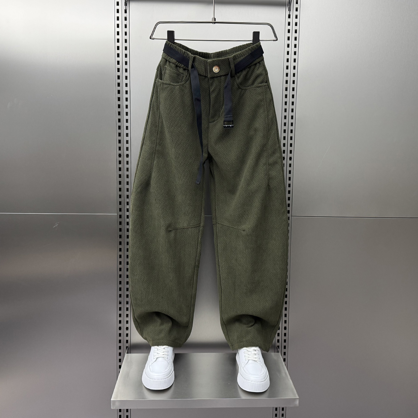 2025秋冬加绒加厚宽松直筒休闲裤男条纹绿色腰带痞帅潮牌弯刀长裤