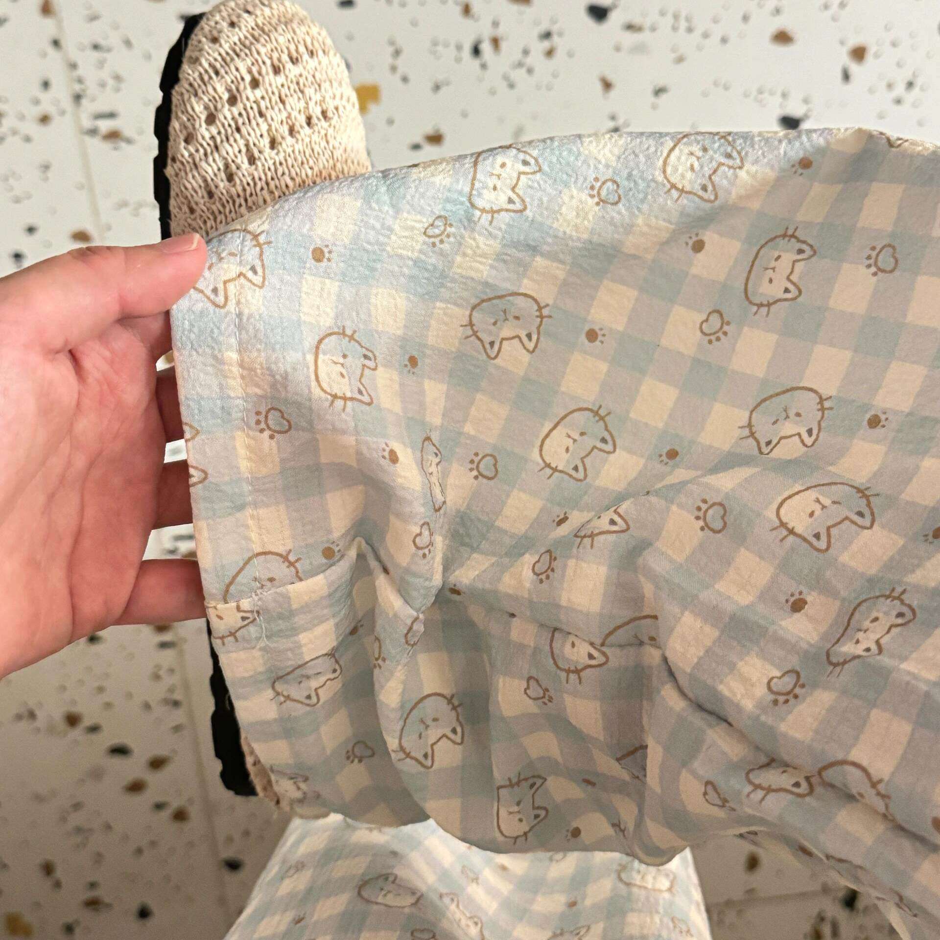 小猫格子裤子女款夏薄款蓝色遛弯裤宽松慵懒风凉凉裤可爱休闲长裤