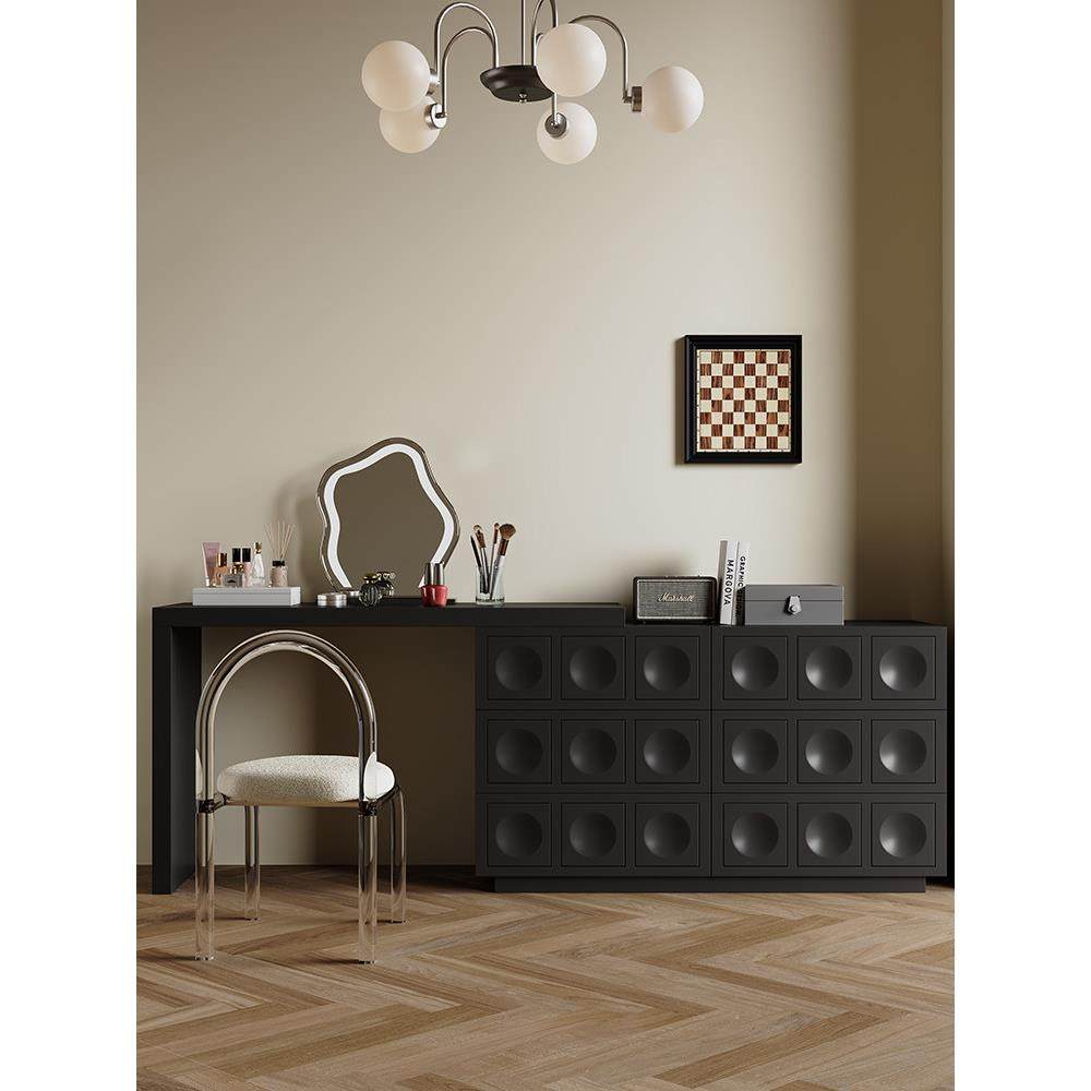 黑色实木梳妆台斗柜一体卧室简约现代2024新款轻奢网红转角化妆桌