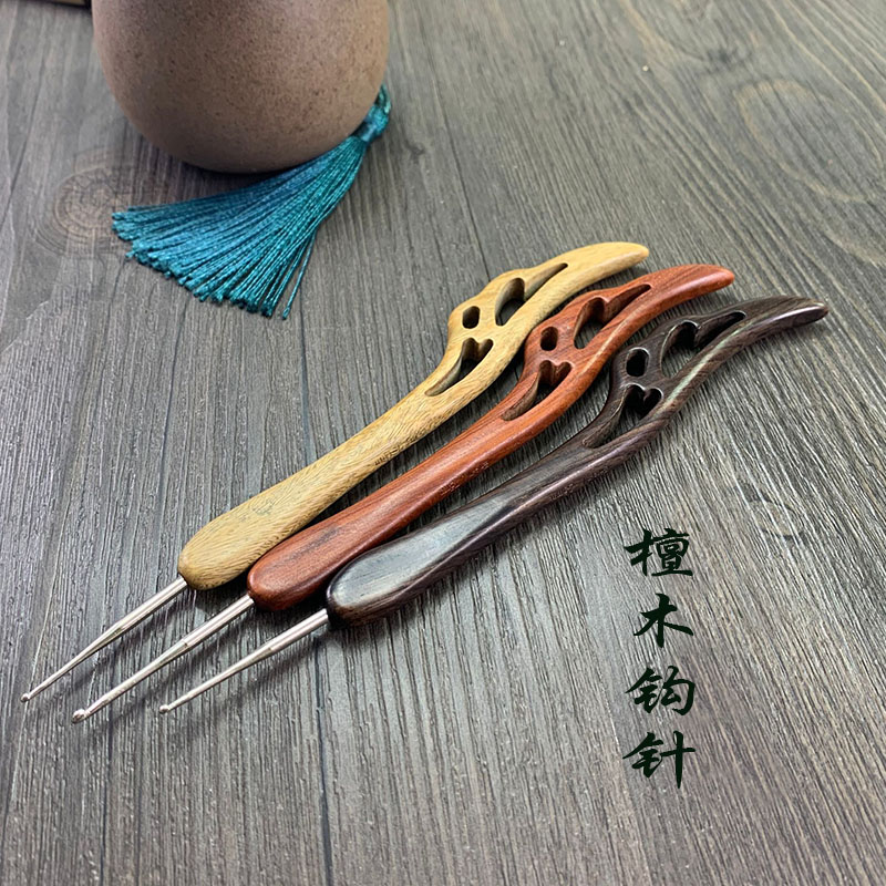 纯手工檀木柄不锈钢钩针diy工具编织毛衣鞋子蕾丝毛线防滑材料包