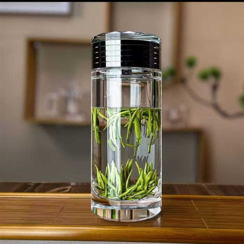 水晶玻璃杯男士办公会议高端防爆茶水分离双层玻璃杯超厚实心底