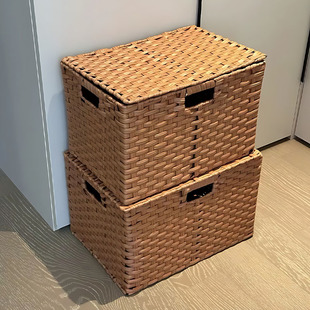 编织储物筐零食收纳箱玩具杂物篮筐藤编带盖收纳筐脏衣家用大容量