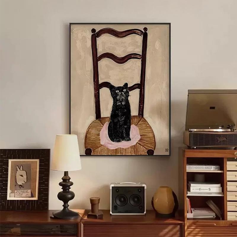 美拉德椅子猫咪客厅装饰画美式复古抽象餐厅壁画中古卧室床头挂画