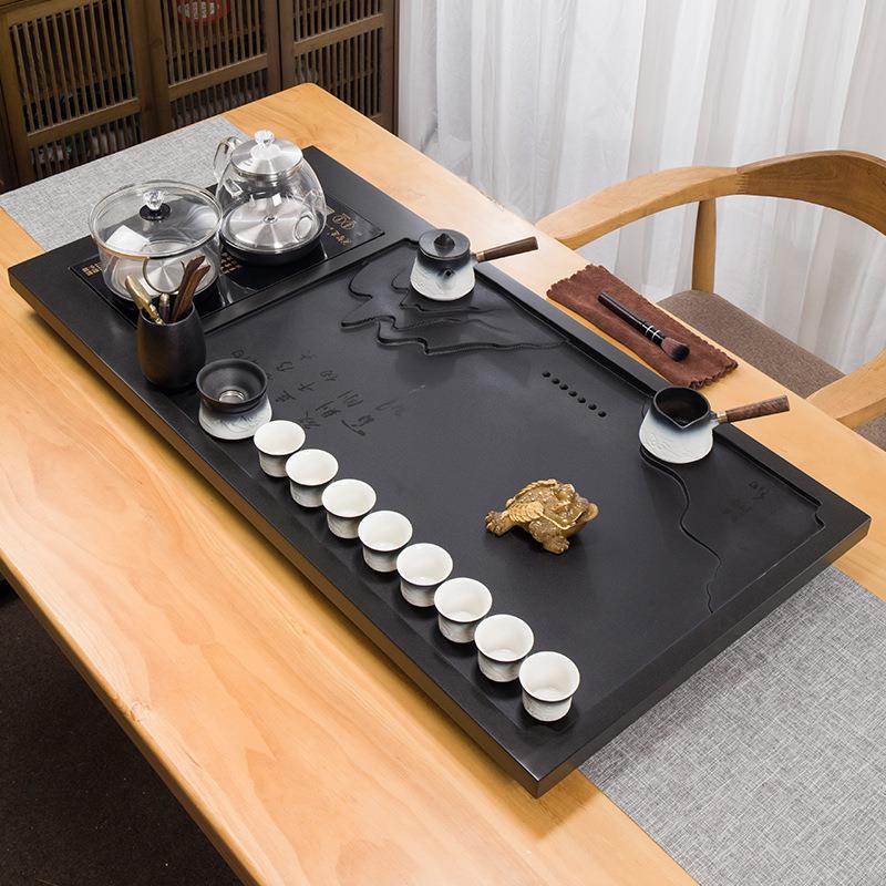 整块乌金石茶盘套装全自动上水茶台烧水壶一体电磁炉家用茶海刻字