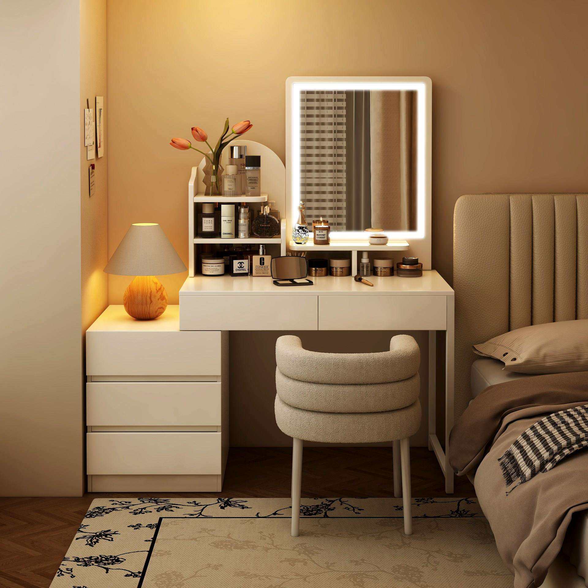 实木梳妆台卧室现代简约小型2025新款转角化妆桌化妆镜收纳柜一体