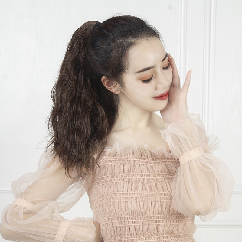真人发丝假发女中长发马尾绑带式玉米烫全真发自然水波纹卷发辫子