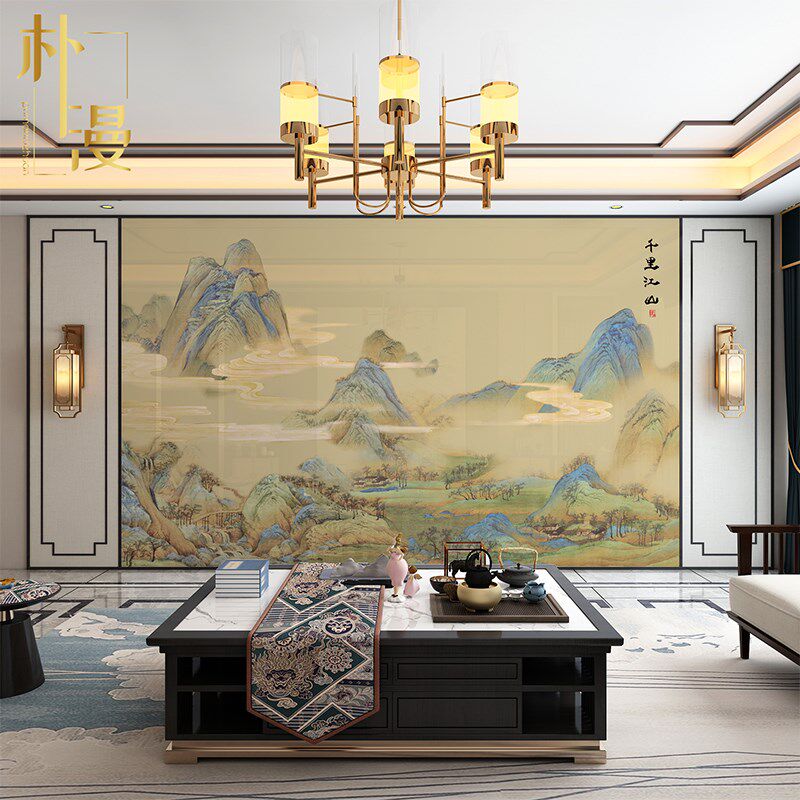 宋代美学山水画艺术岩板电视背景墙中式别墅客厅沙发瓷砖壁画图案