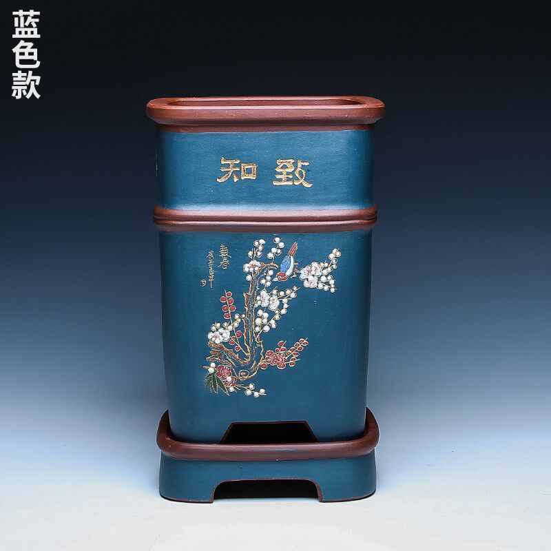 高宜兴紫砂花盆陶瓷大高档简约客厅竹节四方君子兰花盆带托盘精品