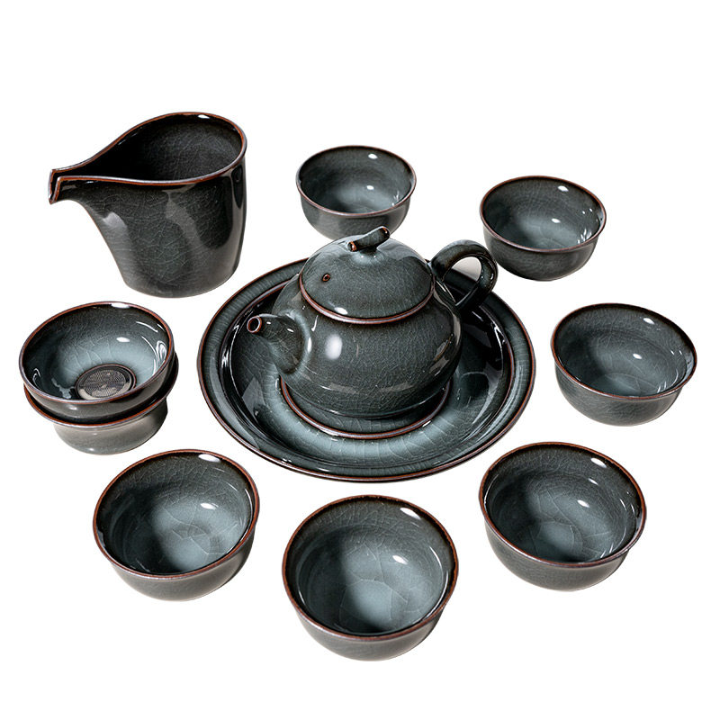 龙泉青瓷功夫茶具茶壶套装整套哥窑铁胎冰裂办公室家用高档礼盒装