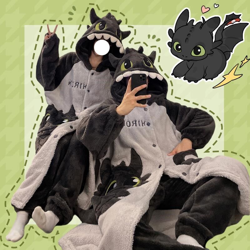 男士加厚珊瑚绒睡衣冬季可爱无牙仔毛绒睡袍女冬天情侣家居服套装