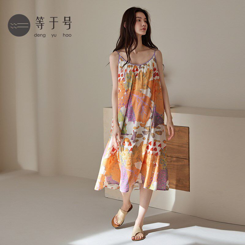 吊带睡裙女带胸垫夏季薄款棉绸宽松大码孕妇连衣裙无袖家居睡衣裙