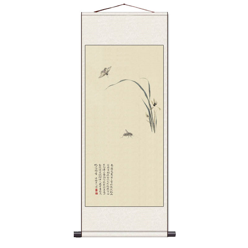 齐白石荷花四条屏梅兰竹菊茶楼仿古沙发背景装饰中式挂画丝绸卷轴