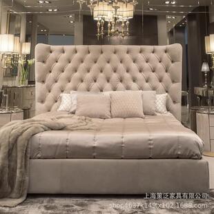 美式北欧现代布艺床拉扣1.8米轻奢主卧双人高背床网红款卧室家具