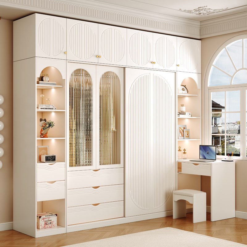 衣柜带转角书g桌一体奶油风小户型家用卧室储物柜电脑桌学习写字