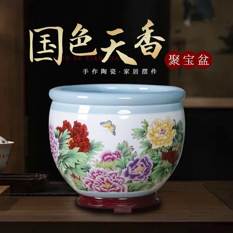 名师金青霞作品粉彩聚宝盆高端花盆桌面水培碗莲睡莲铜钱多肉盆