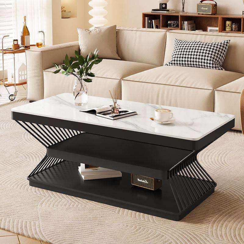 奶油岩板茶几家用客厅新款现代长方形双层茶桌小户型简约轻奢桌子