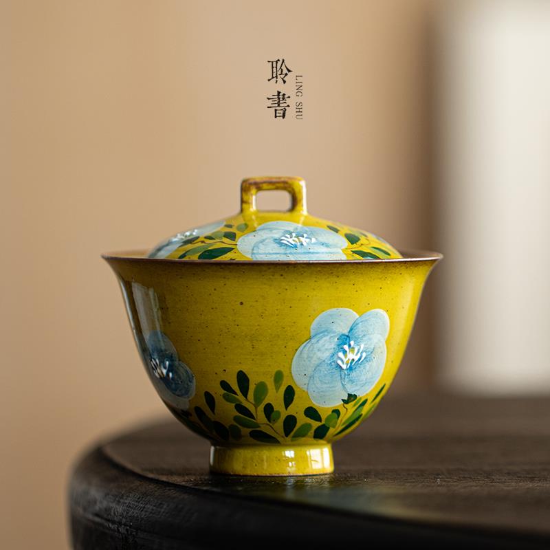 手绘山茶花盖碗 纯手工粗陶泡茶碗茶杯不烫手功夫茶具复古诧寂风