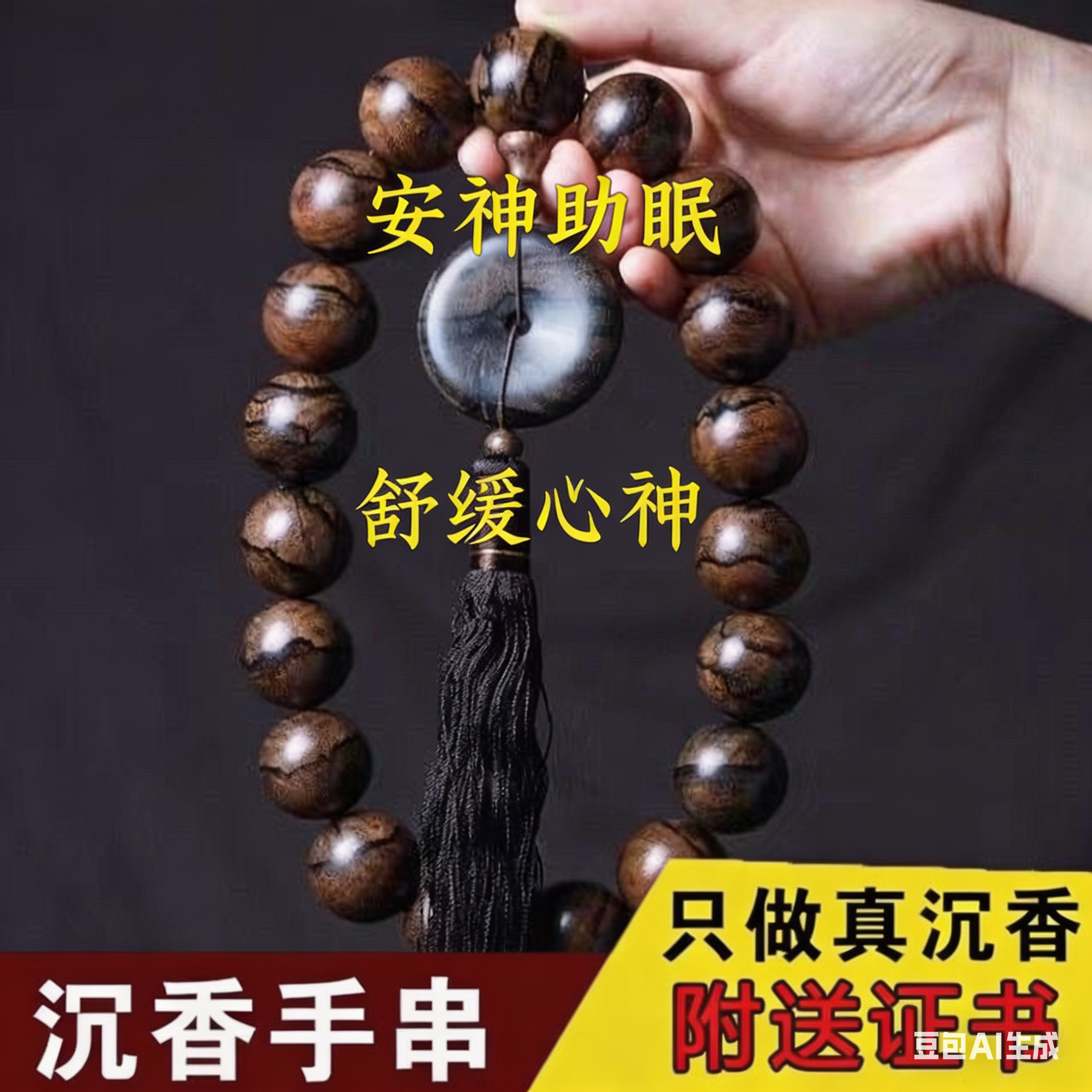 (国检证书)正宗天然越南芽庄沉香手串虎斑沉老料沉水级手持车挂