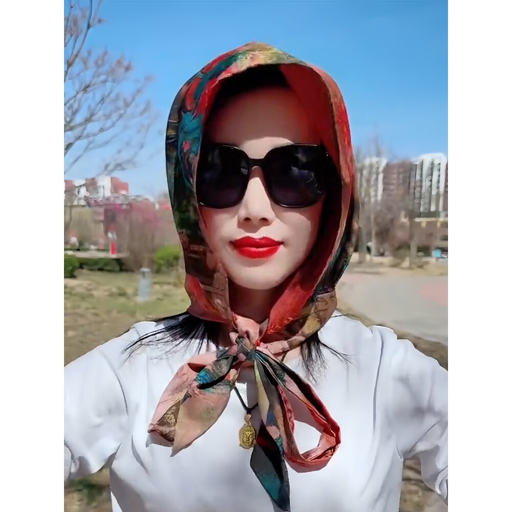 防晒丝巾帽女士双面包头头巾帽夏季户外遮阳丝巾休闲时尚百搭披肩