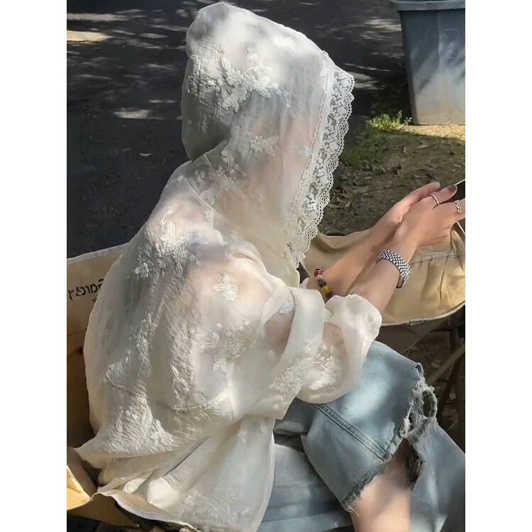 法式蕾丝花边连帽防晒衬衫外套女夏季薄款宽松设计感小众雪纺上衣