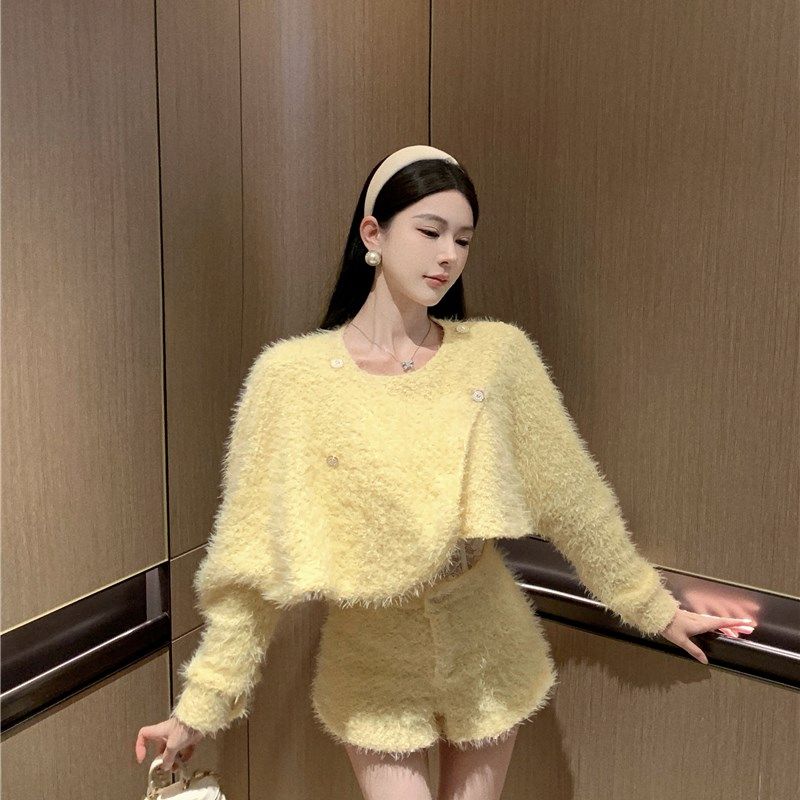 现货小香风气质名媛套装女秋冬新款短外套高腰阔腿短裤子小洋装两