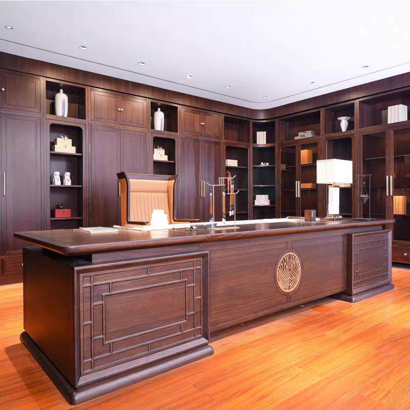 新中式实木董事长办公桌宋氏美学老板桌高端大气大班台黑胡桃木