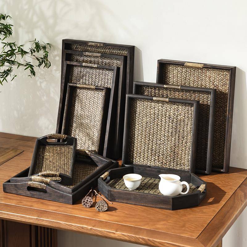 日式木质盘子藤编托 托盘泰式实木美容院茶盘覆古中式家用茶杯茶
