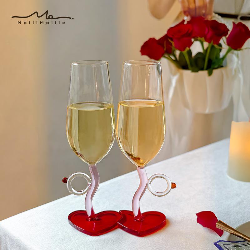 莫里乐园丘比特情侣戒指香槟杯高脚杯爱心玻璃对杯婚礼情人节礼物