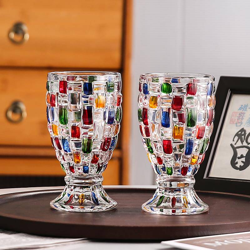拍1发2欧式手绘彩色玻璃撞色彩绘果汁杯威士忌酒杯鱼尾杯SRT