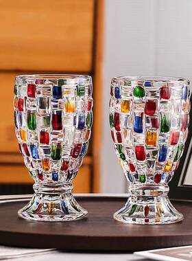 拍1发2欧式手绘彩色玻璃撞色彩绘果汁杯威士忌酒杯鱼尾杯SRT