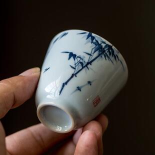 陶怡手绘青花品茗杯陶瓷茶杯闻香杯中式功夫茶具铃铛单杯主人杯