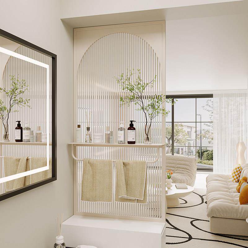 奶油风化妆室洗漱台干 干湿区置物架长虹玻璃水波纹半墙屏风隔断