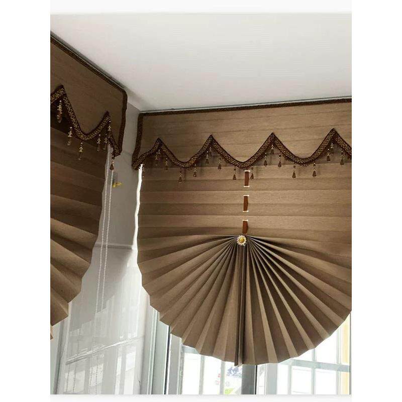 定制浅棕色窗帘纯色遮光防水拉帘升降免打孔卧室书房阳台扇形卷帘