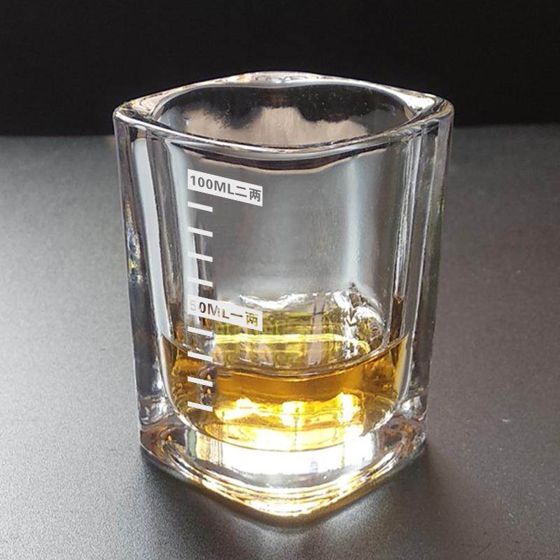 钢化加厚二两白酒四方杯防摔啤酒杯酒吧带刻度玻璃杯家用KTV专用