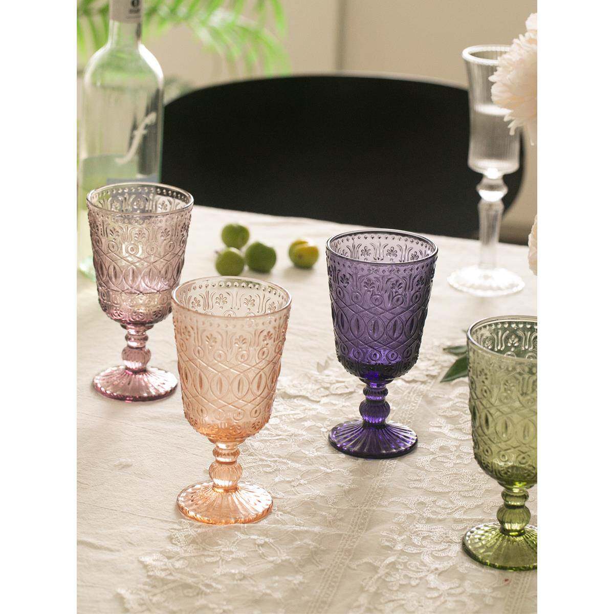 外单 复古浮雕繁花玻璃高脚杯 果汁杯 家用葡萄红酒杯香槟杯加厚