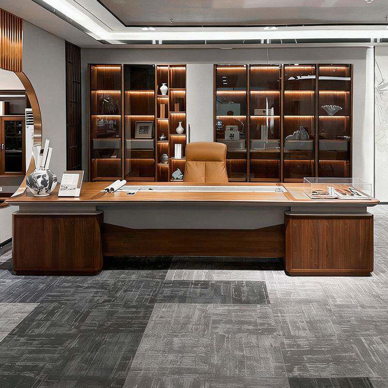 新中式轻奢北美黑胡桃木大班台实木办公桌老板桌书柜组合办公家具