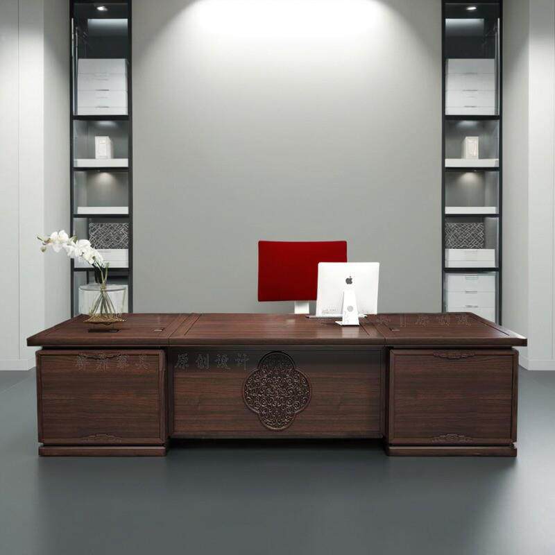 新中式办公桌实木老板桌椅组合高端董事长乌金木大班台黑檀木定制