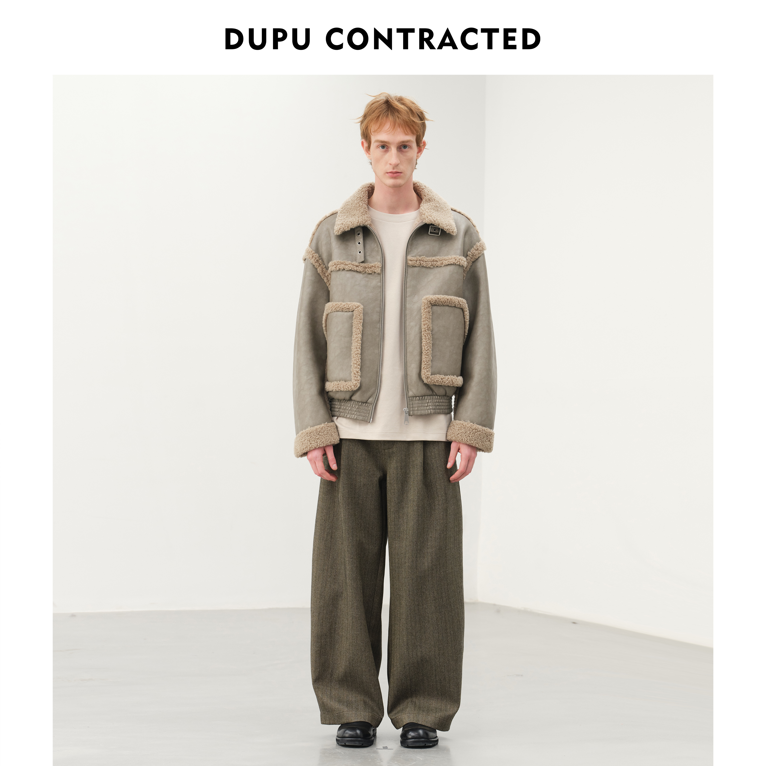 DUPU杜朴 复古质感皮毛一体毛绒短外套 易打理PU皮接缝毛边夹克