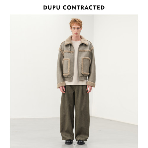 DUPU杜朴 复古质感皮毛一体毛绒短外套 易打理PU皮接缝毛边夹克