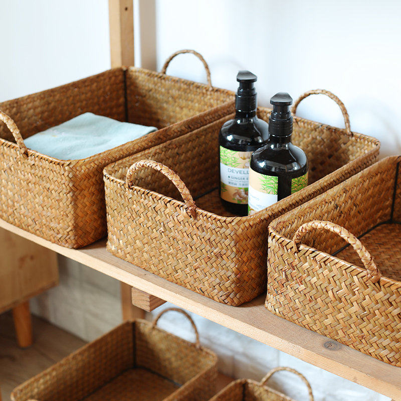 Kens日式草编客厅电视柜杂物零食筐桌面整理篮子化妆面膜收纳盒