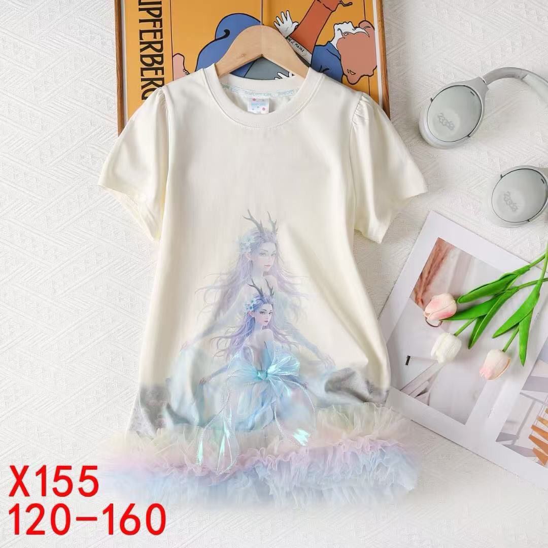 敖润公主女童短袖连衣裙夏季2025新款中大童卡通洋气儿童花边裙子