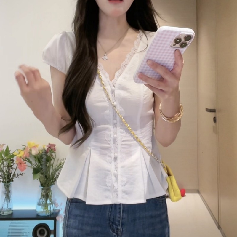 胖MM大码女装短袖雪纺上衣2025新款韩系chic别致蕾丝拼接收腰衬衫