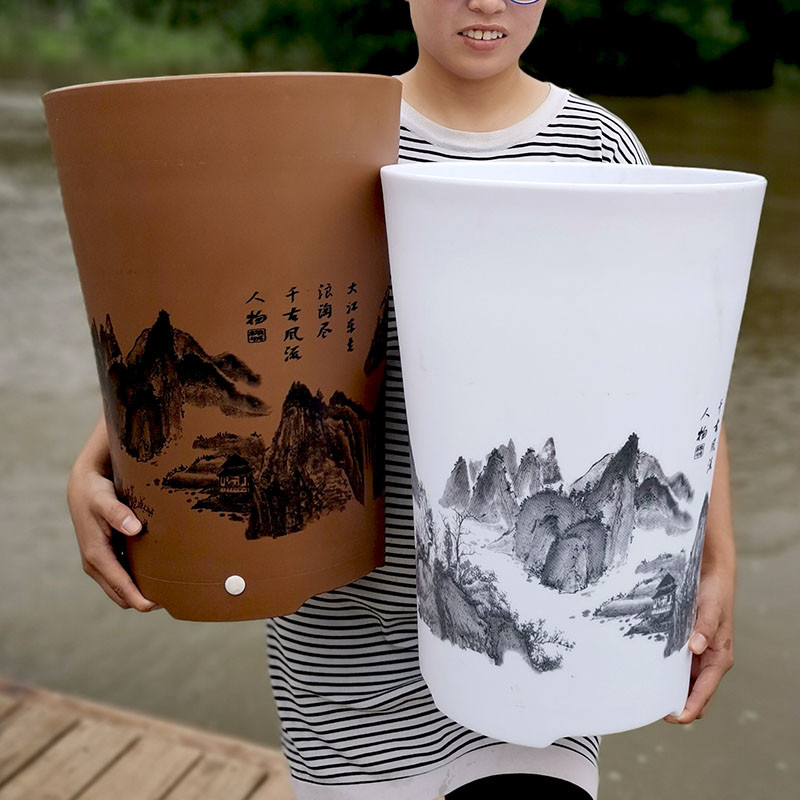 深高桶花盆仿陶瓷塑料盆栽吸水懒人加厚竖款盆景橡胶客厅高筒盆