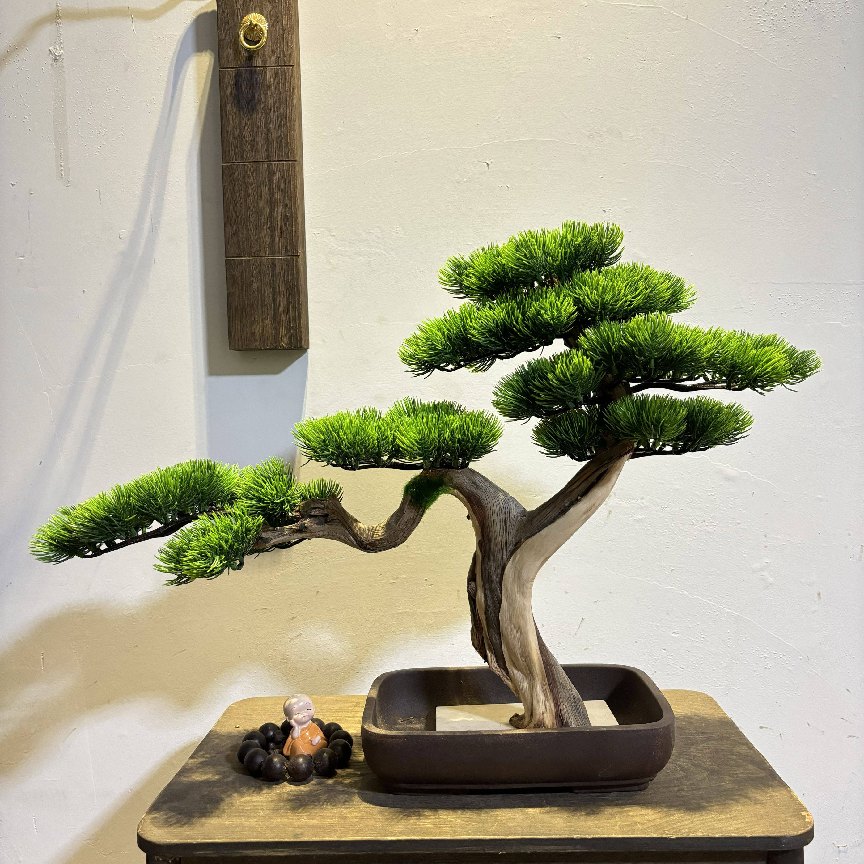 中国风高档实木崖柏仿真迎客松老桩绿植盆景家居客厅玄关装饰假树
