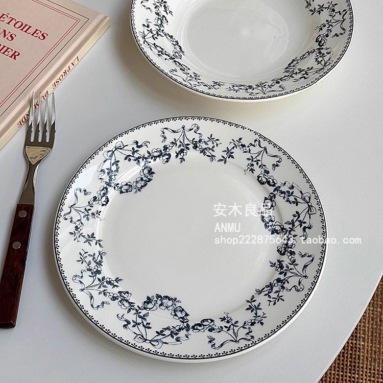 安木良品 法式ins中古风蝴蝶结花边陶瓷西餐牛排早餐早餐点心盘子